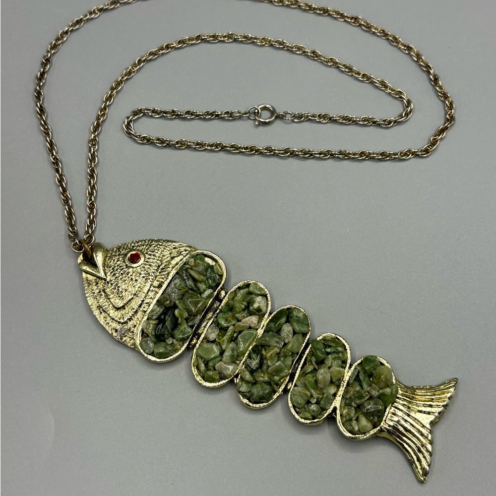 1960s jade chip articulated fish pendant with chain 24”